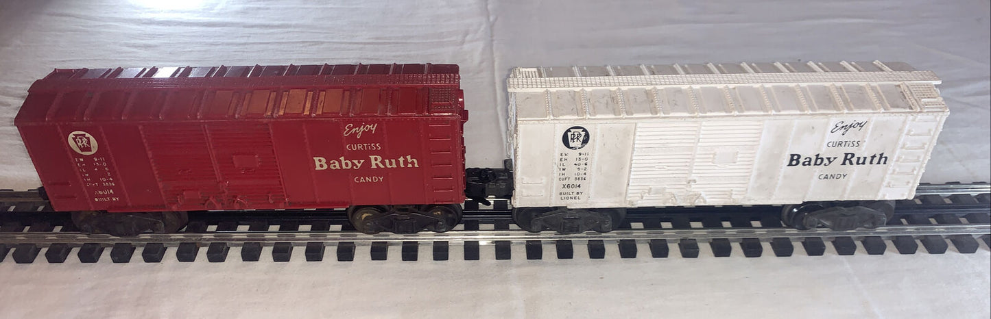 🚂 2 Lionel X6014 PRR Baby Ruth Boxcars, Red & White. C-6 Very Good. TESTED!