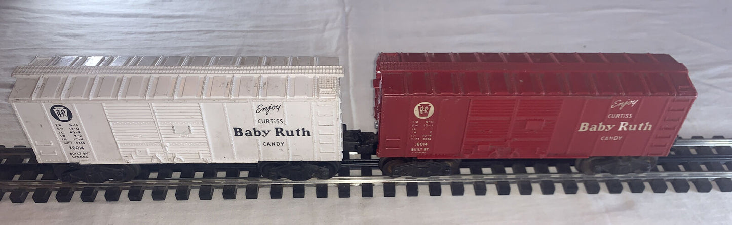 🚂 2 Lionel X6014 PRR Baby Ruth Boxcars, Red & White. C-6 Very Good. TESTED!