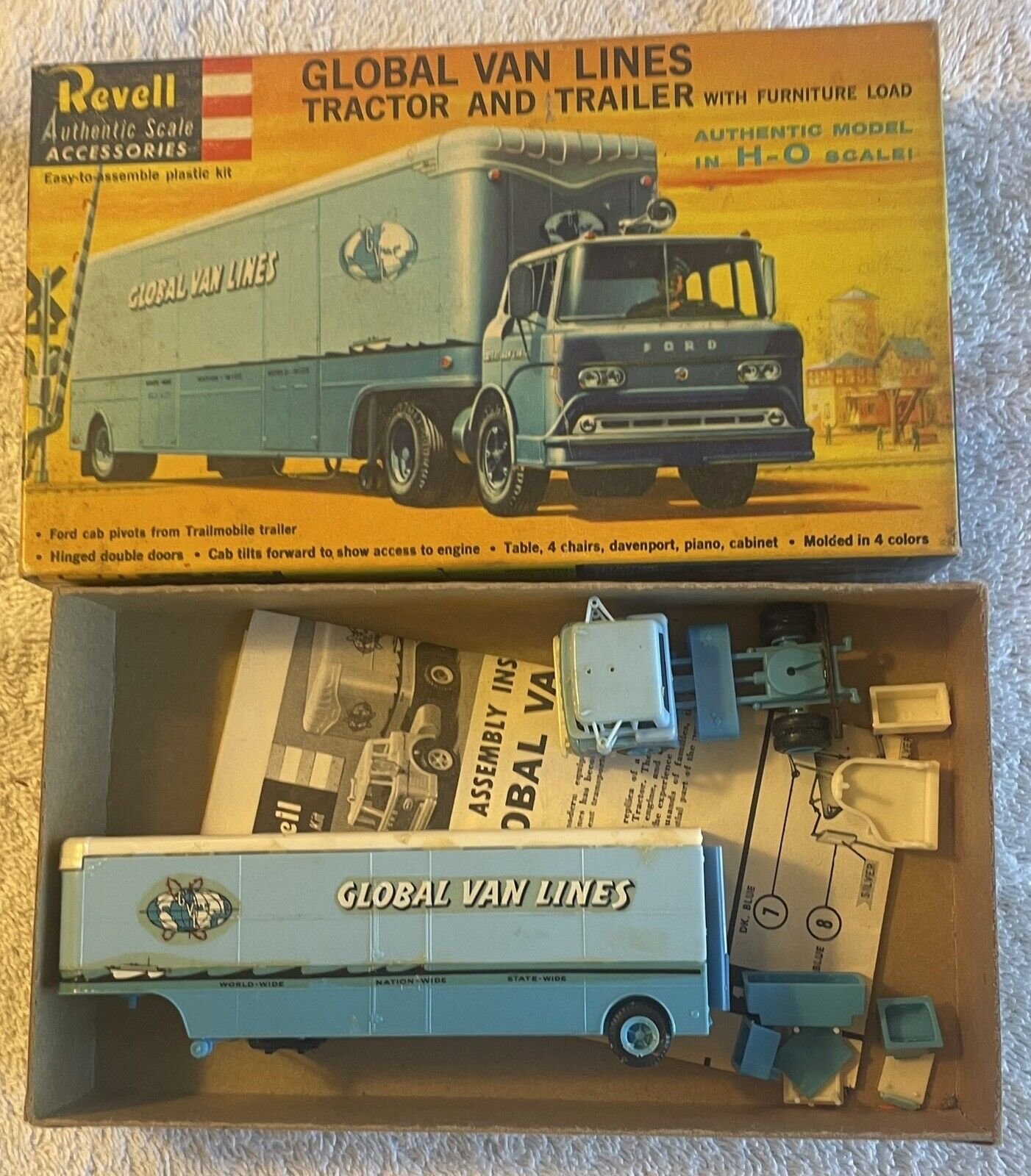 HO Scale Revell T-6018:98 Global Van Lines Tractor & Trailer. Partial Assembly